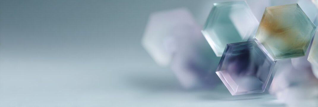 Collection of colorful hexagonal glass pieces arranged on a table - Powered by Adobe