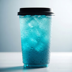 A refreshing blue drink in a disposable cup with ice and condensation