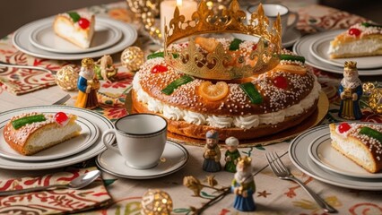 Festive dessert table featuring a traditional cake adorned with a golden crown, surrounded by decorative figurines and elegant tableware, celebrating a joyful occasion