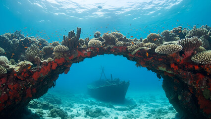 Underwater exploration through a vibrant coral archway revealing a mysterious sunken shipwreck. Perfect for travel promotions, adventure game assets, marine conservation, dive tourism,