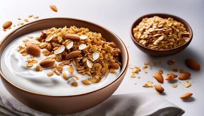 Fototapeta premium crunchy granola thick yogurt spilling slightly healthy snack seeds