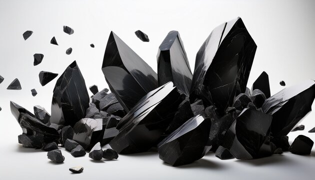 mysterious black crystal shards floating against a white background