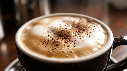 A closeup shot of a delicious and inviting cappuccino served in a dark ceramic mug featuring rich frothy milk artfully topped with a sprinkle of aromatic cocoa powder perfect for a morning boost or a.