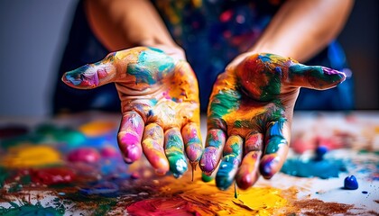 Obraz premium close up of artist hands covered in colorful paint with creative splashes on table expressing art and inspiration through messy texture emotion and creative studio atmosphere