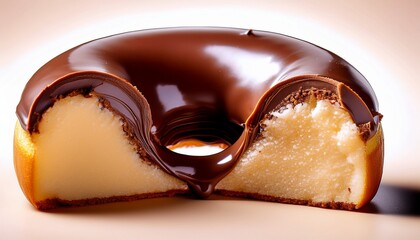 a half cut chocolate donut showing its fluffy inside filled with creamy chocolate appetizing close up simple background no text no logo