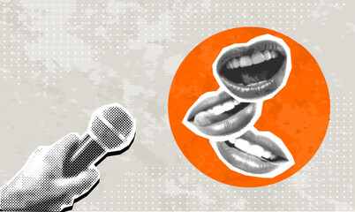 Trendy Halftone Collage mouths and microphone in hand. Collage banner would be fine for interview, podcast, news, public speaker or karaoke and singing.Halftone open mouth and mic. Vector illustration