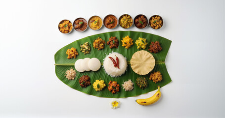 Traditional South Indian banana leaf meal with rice served for Thai pongal day - Top views high resolution background
