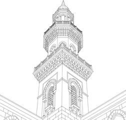 Obraz premium Architectural line drawing of a traditional mosque minaret tower, religious building sketch