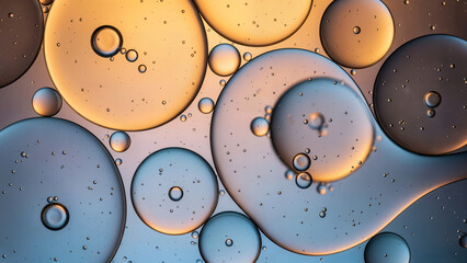 Golden and blue oil and water abstract background with large spheres
