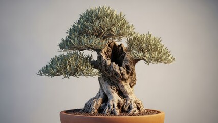 Ancient gnarled olive tree bonsai with hollow trunk and delicate green leaves. Bonsai technique.