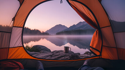 Adventurous sunrise camping scene: an orange tent frames a serene mountain lake, mist, and pastel sky with a cozy steaming coffee mug. Ideal for travel blogs, outdoor gear, wellness promotions,