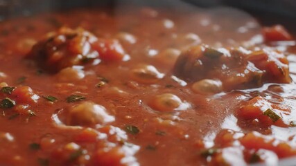 A vibrant closeup shot of a rich simmering tomato sauce generously filled with wholesome chickpeas and fresh green herbs bubbling gently in a pot creating an appetizing and comforting culinary scene .