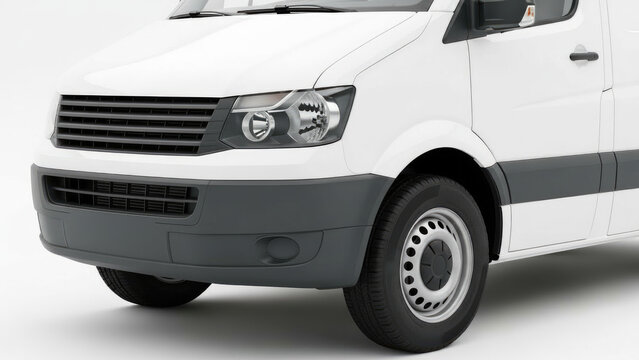 Close-up view of the front of a clean white commercial delivery van on a white background