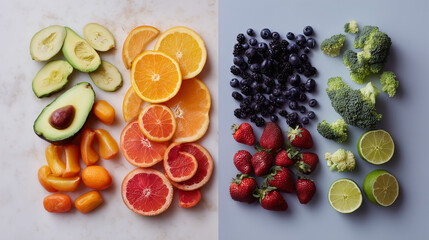 Vibrant Vitamin A and C Food Sources Flatlay - Healthy Nutrition Ingredients Arrangement