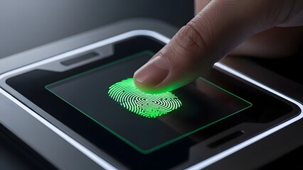 A person scanning their fingerprint for security verification. The fingerprint glows green, highlighting the technological aspect of biometric authentication