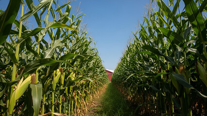 Immersive low-angle shot through a towering green and gold cornfield corridor under harsh midday sun, with a distant red barn and blue sky. Perfect for rural tourism, agriculture marketing,
