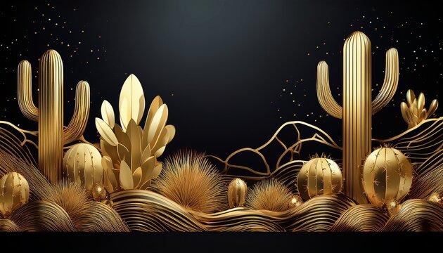 a stylized representation of golden cacti and trees against a black background emphasizing a desert inspired aesthetic with glittering textures
