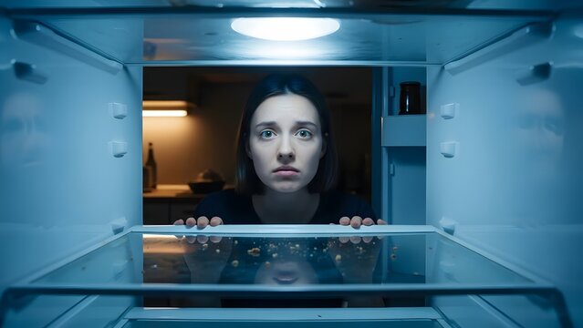 A woman staring inside of a nearly empty fridge with a worried expression, feeling of hunger or lack. A metaphor for the shortage of something, maybe lack of money, loneliness or other issues