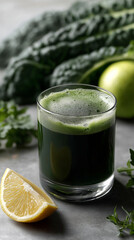 Fresh Kale and Apple Green Juice in Frosted Glass - Healthy Organic Beverage
