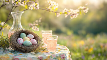 Bird's Nest With Colorful Painted Easter Eggs And Glasses Of Pink Beverage In Spring Garden