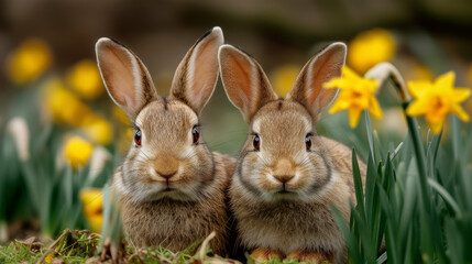 Two Adorable Bunnies With Large Ears Sitting Together In A Vibrant Field Of Daffodils