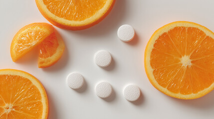 Fototapeta premium Minimalist Vitamin C Supplement with Fresh Orange Slice - Healthcare and Wellness Concept
