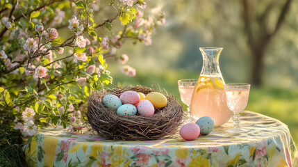 Bird's Nest Filled With Colorful Painted Easter Eggs Surrounded By Refreshing Lemonade Outdoors