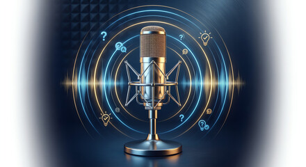 A professional microphone and sound waves radiating outward, indicating audio recording and communication