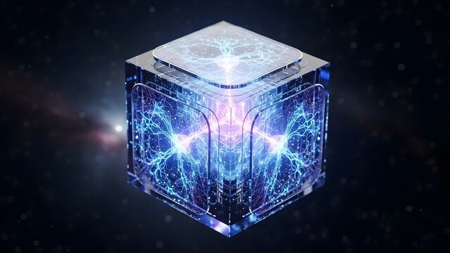 Abstract cube core with electric sparks on sides shows future of data processing - Powered by Adobe