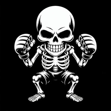 skeleton mma fighter with clenched fists in bold white graphic style on black background spooky halloween character logo for gaming merch t shirts stickers streetwear and horror themed branding