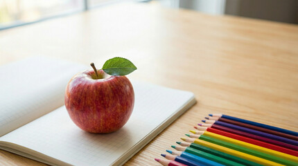Fresh red apple on open notebook with colored pencils for study  
