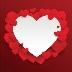 Romantic Valentine&rsquo;s Day heart frame with layered red hearts surrounding a white central space.