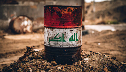 Weathered metal oil barrels with Iraq flag design. Petroleum industry. Oil sanctions and blockade.
