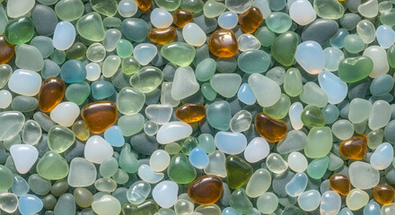 Smooth frosted sea glass pebbles in various colors