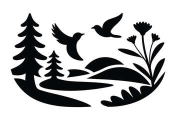Fototapeta premium Black silhouette illustration of serene nature scene with birds, pine trees, hills, flowers, and leaves in symmetrical design