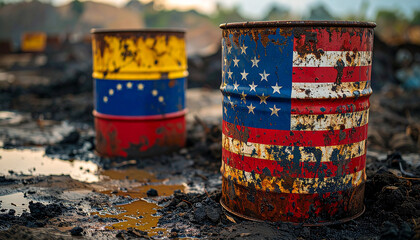 Weathered metal oil barrels with American and Venezuelan flag designs. Oil sanctions and blockade.