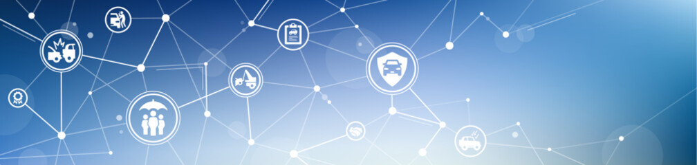 car / auto insurance vector. Blue banner with icons related to insuring a motor vehicle - liability coverage - damage protection for automotive collision, roadside assistance, hail or theft damage.