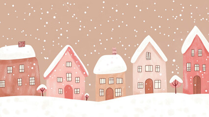 Obraz premium Row of snowy houses with falling snow in warm pastel style. Christmas holiday illustration concept.