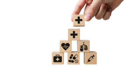 Health and wellness concept with hand stacking wooden blocks symbol