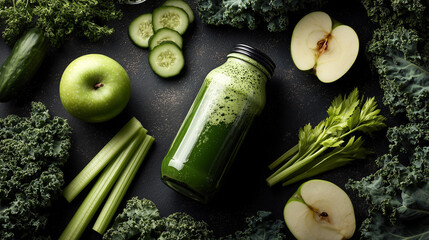 Fresh Green Juice Bottle Mockup with Organic Kale and Cucumber Ingredients