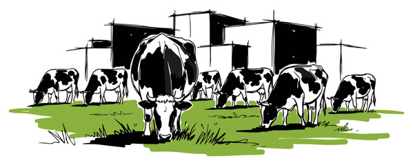 Herd of cows grazing on green pasture with farm buildings sketch landscape © Luka