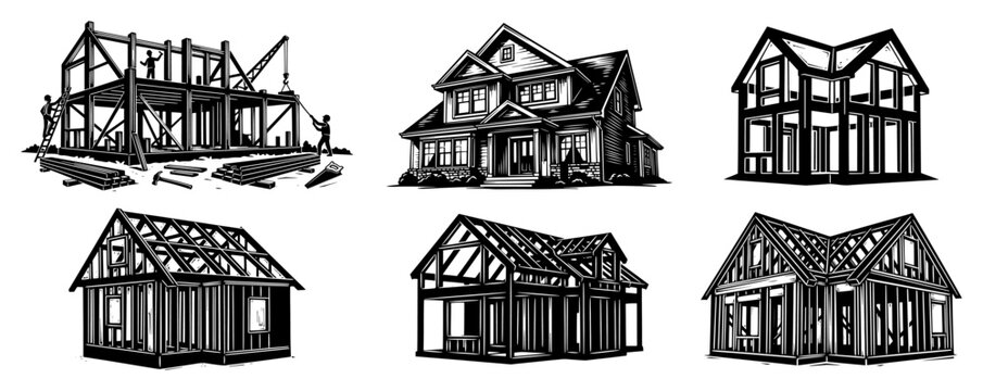 Wooden house construction frame sketch set building structure architecture illustration
