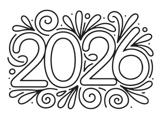 2026 New Year Hand Drawn Floral Design on White Background