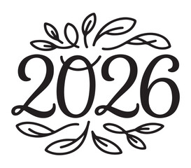 2026 Handwritten Calendar Date with Floral Decorative Elements Isolated on White