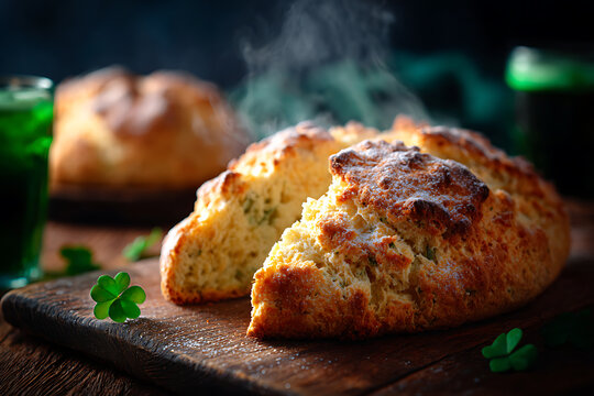 soda bread display, irish soda bread and festive green decorations on table create a st patricks day food scene with steam and textures