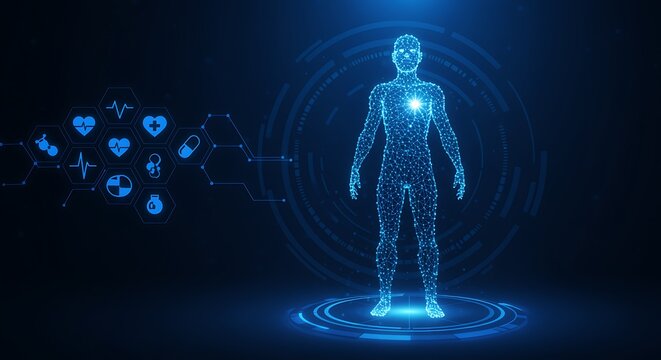 Human body futuristic digital representation health monitoring and data analysis - Powered by Adobe