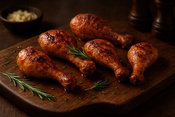 Warm, rustic food scene featuring four freshly grilled chicken drumsticks arranged on a wooden cutting board, highlighted by moody lighting, scattered herbs, and subtle background elements for a cozy 