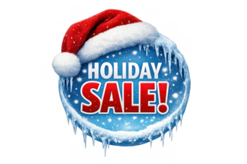 Holiday sale promotion button showing santa hat, icicles, snow, and text on a blue frosty background over transparent