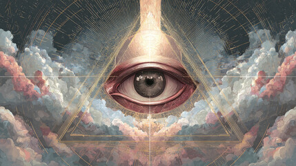 mystical occult design mysterious magic symbols eye watching inside triangles geometric in magical sky with light and clouds witchcraft paganism spiritual seance witch background