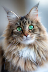 Obraz premium Centered fluffy cat portrait with soft blur. Cozy pet concept.